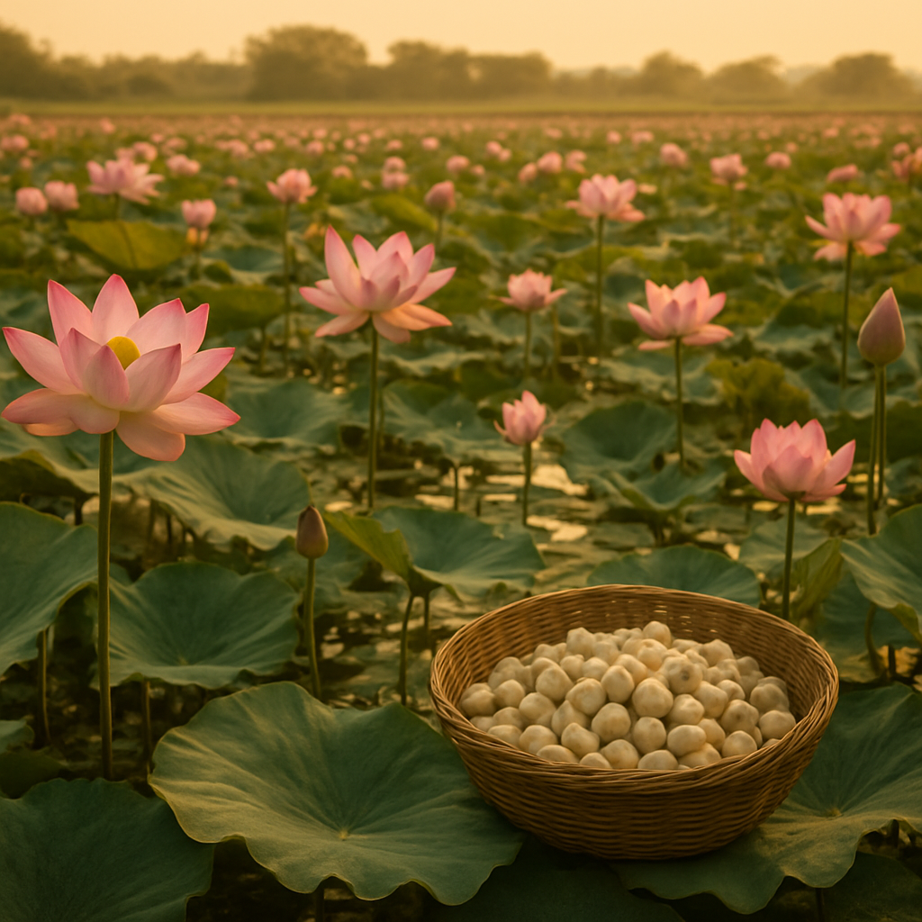 A serene lotus pond where premium fox nuts are harvested
